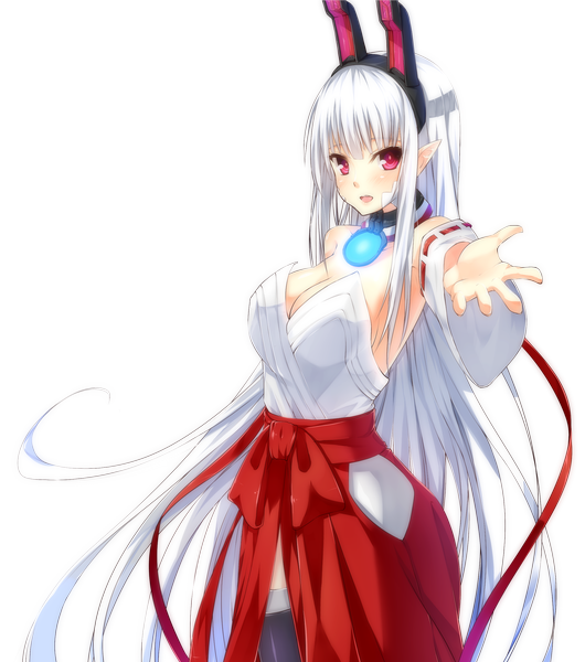 Anime picture 2204x2494 with aura kingdom fantasy frontier online kotonoha (aura kingdom) uke (artist) single tall image looking at viewer blush highres open mouth bare shoulders cleavage white hair very long hair pink eyes pointy ears transparent background girl detached sleeves