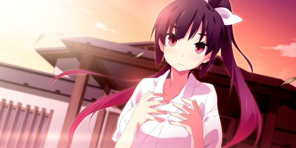 Anime picture 2400x1200 with kaminoyu (game) long hair highres black hair red eyes wide image game cg ponytail evening sunset girl