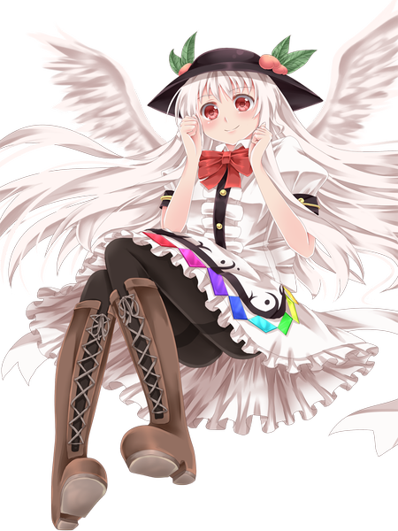 Anime picture 900x1200 with touhou hinanawi tenshi aru gunsou single long hair tall image looking at viewer blush red eyes white hair red hair transparent background alternate color girl dress hat pantyhose wings boots