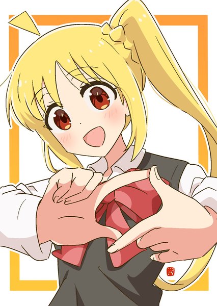 Anime picture 1240x1748 with bocchi the rock! cloverworks ijichi nijika illustratorhide single long hair tall image looking at viewer blush open mouth simple background blonde hair red eyes white background upper body ahoge :d side ponytail framed girl