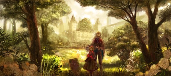 Anime picture 1915x850 with little red riding hood little red riding hood (character) chibi (shimon) highres wide image tree (trees) forest castle