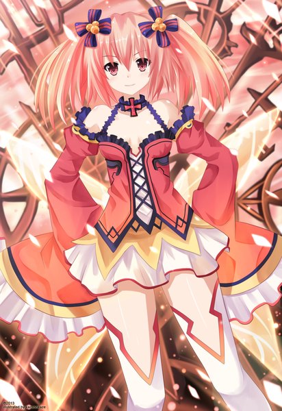 Anime-Bild 1200x1747 mit fairy fencer f eryn (fairy fencer f) kazenokaze single long hair tall image red eyes twintails pink hair girl thighhighs dress hair ornament detached sleeves petals white thighhighs