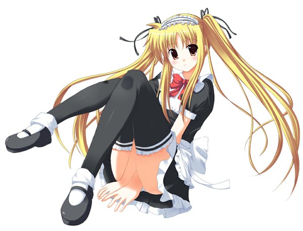 Anime picture 1000x766 with mahou shoujo lyrical nanoha fate testarossa odayan single long hair blush light erotic simple background blonde hair red eyes white background twintails legs pantyshot sitting girl thighhighs dress black thighhighs hairband