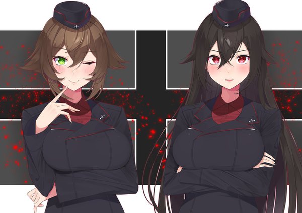 Anime picture 1254x885 with kantai collection girls und panzer nagato battleship mutsu battleship nezumidoshi long hair looking at viewer blush fringe short hair breasts light erotic black hair simple background smile hair between eyes red eyes brown hair large breasts multiple girls