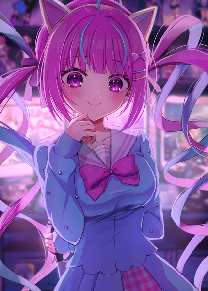 Anime picture 2500x3500 with virtual youtuber hololive minato aqua ineka ka single long hair tall image looking at viewer blush fringe highres smile standing purple eyes animal ears pink hair outdoors blunt bangs multicolored hair aqua hair