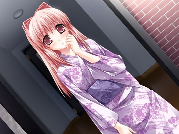 Anime picture 1024x768 with chaste chase! tagme (character) morooto nonoko single long hair looking at viewer blush fringe red eyes standing payot pink hair game cg indoors japanese clothes dutch angle floral print hand to mouth girl kimono