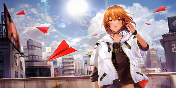 Anime picture 1800x900 with original i-ron single looking at viewer blush fringe highres short hair hair between eyes brown hair wide image standing brown eyes sky cloud (clouds) outdoors wind open clothes lens flare city