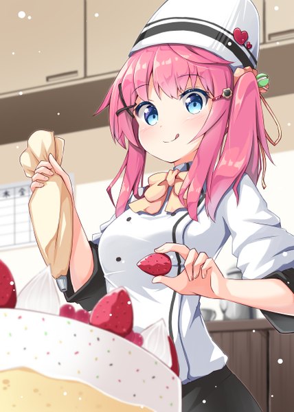 Anime picture 900x1260 with original ominaeshi (takenoko) single long hair tall image looking at viewer blue eyes smile twintails pink hair cooking chef girl uniform food sweets berry (berries) cake strawberry