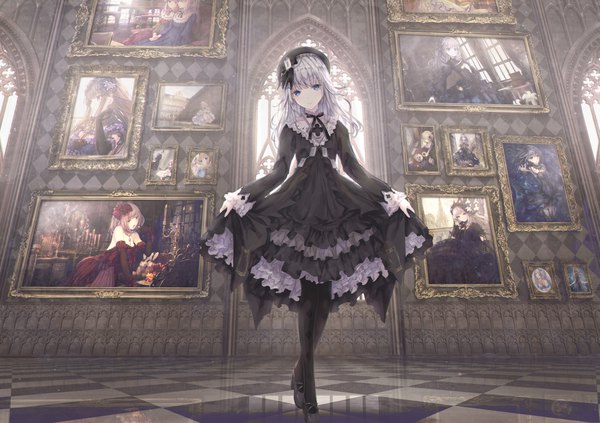 Anime picture 1858x1310 with original missle228 single long hair looking at viewer fringe highres blue eyes standing silver hair full body indoors head tilt high heels reflection skirt lift frilled dress checkered floor lolita fashion floor