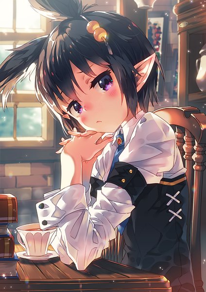 Anime picture 849x1200 with original mano (narumi arata) narumi arata single tall image looking at viewer blush fringe short hair black hair hair between eyes sitting twintails purple eyes upper body indoors head tilt pointy ears sunlight short twintails