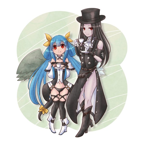 Anime picture 1800x1800 with guilty gear guilty gear strive dizzy (guilty gear) testament (guilty gear) sangorou long hair looking at viewer fringe highres light erotic black hair simple background red eyes standing twintails holding blue hair full body light smile high heels