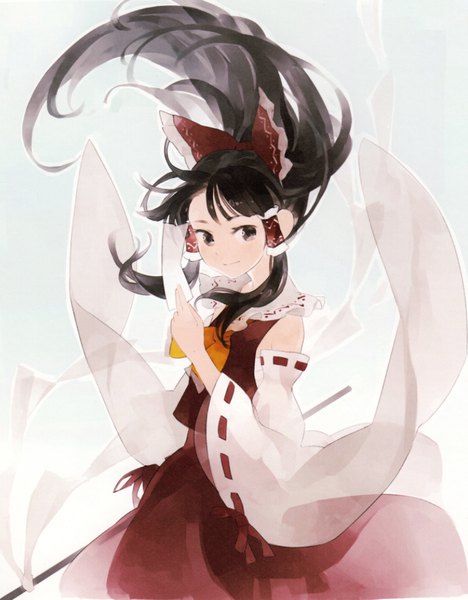 Anime picture 883x1131 with touhou hakurei reimu shihou (g-o-s) single long hair tall image fringe black hair simple background traditional clothes japanese clothes wind black eyes gradient background nontraditional miko girl bow hair bow detached sleeves hair tubes