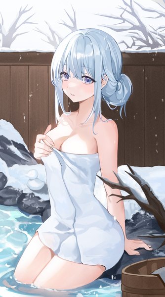 Anime picture 2162x3880 with original choc single tall image looking at viewer fringe highres short hair breasts blue eyes light erotic hair between eyes large breasts sitting payot cleavage indoors aqua hair arm support hair bun (hair buns)
