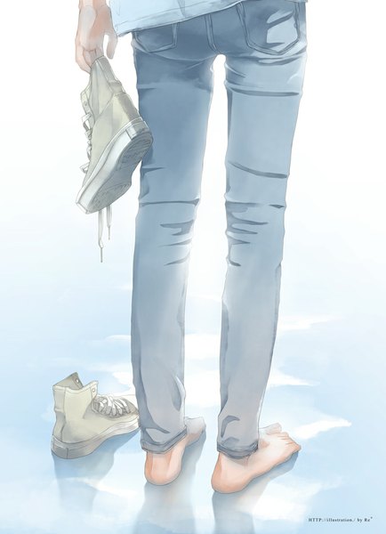 Anime picture 687x950 with original re (artist) single tall image standing holding barefoot from behind gradient background reflection lacing head out of frame shoes removed boy shoes pants toes sneakers jeans blue jeans
