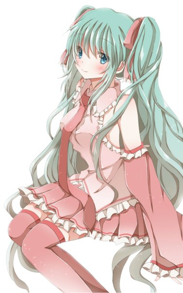 Anime picture 772x1234 with vocaloid hatsune miku hiro (hirohiro31) single tall image blush blue eyes simple background white background twintails very long hair aqua hair girl thighhighs dress ribbon (ribbons) hair ribbon detached sleeves necktie frills