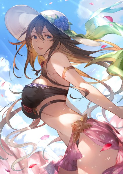 Anime-Bild 1447x2048 mit granblue fantasy rosetta (granblue fantasy) kakage single long hair tall image looking at viewer fringe breasts open mouth blue eyes light erotic hair between eyes brown hair large breasts standing sky cloud (clouds) outdoors :d