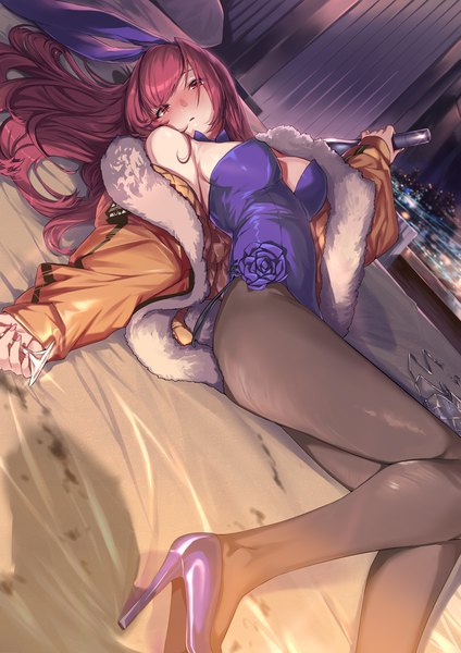 Anime picture 900x1273 with fate (series) fate/grand order scathach (fate) (all) scathach (fate) ohland single long hair tall image looking at viewer blush fringe breasts open mouth light erotic red eyes large breasts holding animal ears bent knee (knees) red hair