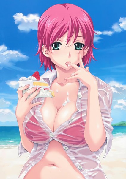 Anime picture 4735x6695 with resort boin iihara nao happoubi jin tall image highres blue eyes light erotic pink hair absurdres sky cleavage cloud (clouds) beach finger to mouth wet clothes eating girl food sweets sea