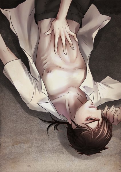 Anime picture 1200x1700 with original v-sil tall image light erotic brown hair nipples lying open clothes open shirt boy navel shirt pants hand