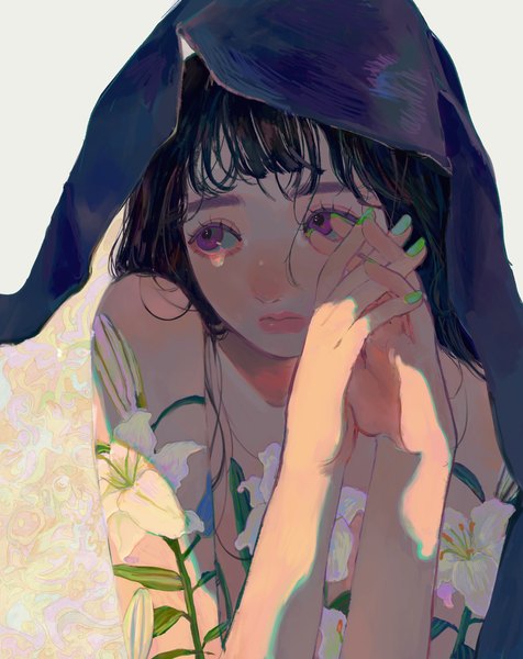 Anime picture 4471x5630 with original bedr2221 single long hair tall image highres black hair purple eyes signed looking away absurdres nail polish tattoo twitter username tears interlocked fingers green nail polish girl