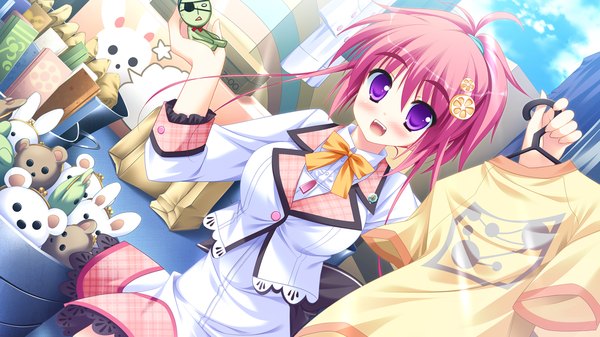 Anime picture 1280x720 with diamic days lump of sugar koboshi renko sesena yau blush short hair open mouth wide image purple eyes pink hair game cg girl serafuku