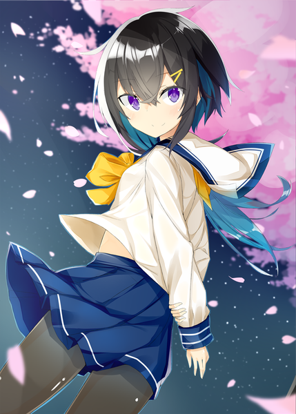 Anime picture 800x1118 with original kavka single long hair tall image looking at viewer fringe black hair smile hair between eyes standing purple eyes blue hair looking back multicolored hair wind two-tone hair cherry blossoms holding arm girl