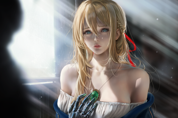 Anime picture 3500x2333 with violet evergarden kyoto animation violet evergarden (character) sakimichan single long hair looking at viewer blush fringe highres breasts blue eyes blonde hair hair between eyes bare shoulders absurdres upper body braid (braids) parted lips lips