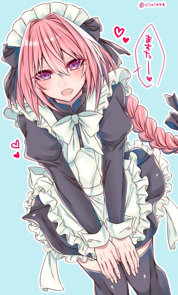 Anime picture 726x1200 with fate (series) fate/grand order fate/apocrypha astolfo (fate) shisei (kyuushoku banchou) single tall image looking at viewer blush fringe open mouth simple background smile hair between eyes standing purple eyes signed pink hair white hair braid (braids)