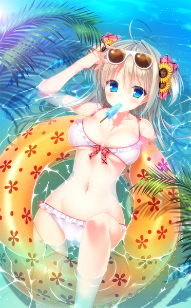 Anime picture 800x1289 with original shouna mitsuishi single tall image blush fringe breasts blue eyes light erotic blonde hair hair between eyes large breasts bare shoulders holding payot ahoge bent knee (knees) lying from above bare legs