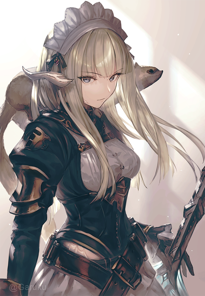 Anime picture 782x1130 with final fantasy final fantasy xiv square enix au ra garuku single long hair tall image looking at viewer fringe breasts blue eyes simple background blonde hair standing signed blunt bangs horn (horns) puffy sleeves twitter username