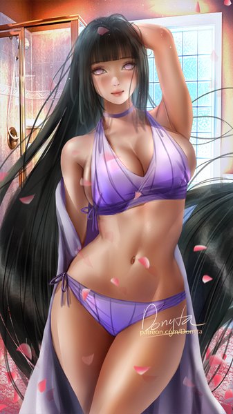 Anime picture 562x1000 with naruto studio pierrot naruto (series) hyuuga hinata donyta single long hair tall image looking at viewer fringe breasts light erotic black hair large breasts standing signed indoors blunt bangs pink eyes arm up