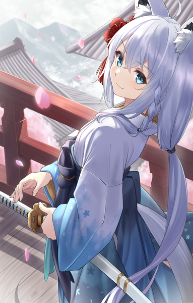 Anime picture 1566x2456 with virtual youtuber hololive shirakami fubuki shirakami fubuki (4th costume) tsurupy single long hair tall image animal ears ahoge tail traditional clothes japanese clothes animal tail from above fox ears official alternate costume fox tail fox girl low ponytail