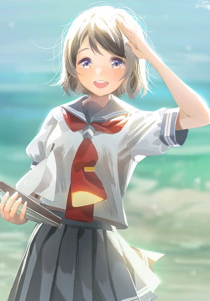 Anime picture 1500x2147 with love live! sunshine!! sunrise (studio) love live! watanabe you gumimecv single tall image looking at viewer blush fringe short hair open mouth blue eyes smile brown hair standing holding signed outdoors :d
