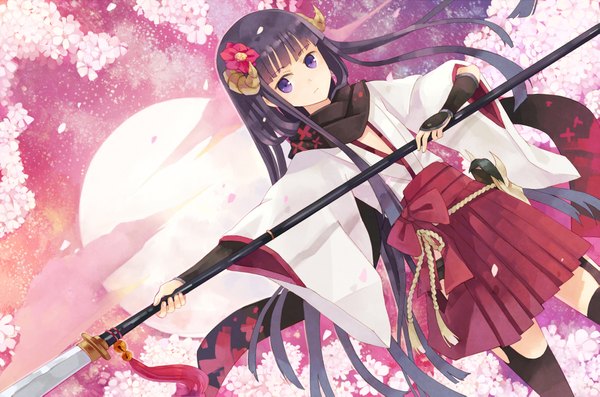 Anime picture 1925x1275 with inu x boku ss david production shirakiin ririchiyo single long hair looking at viewer fringe highres purple eyes purple hair cloud (clouds) very long hair hair flower horn (horns) cherry blossoms girl thighhighs hair ornament bow weapon