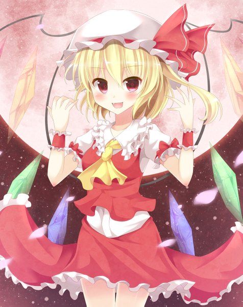 Anime picture 1109x1399 with touhou flandre scarlet aibumi single tall image looking at viewer blush short hair open mouth blonde hair red eyes red moon girl dress skirt wings bonnet skirt set crystal