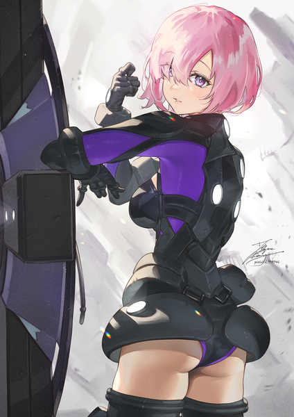 Anime picture 1061x1500 with fate (series) fate/grand order mash kyrielight fadingz single tall image looking at viewer blush fringe short hair breasts light erotic standing purple eyes signed pink hair ass parted lips looking back arm up