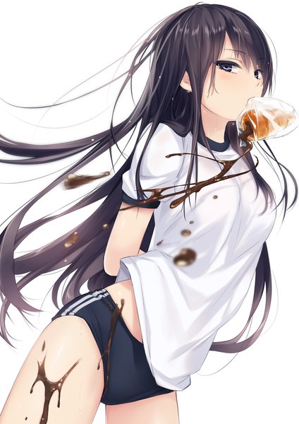 Anime picture 1414x2000 with original shiramine rika coffee-kizoku single long hair tall image looking at viewer blush fringe blue eyes light erotic simple background hair between eyes standing white background holding payot blurry sweat mouth hold
