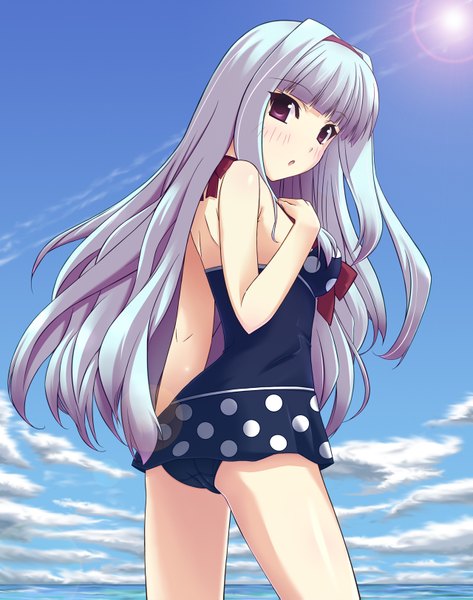 Anime picture 1280x1623 with idolmaster shijou takane oomugi genmai single long hair tall image red eyes sky silver hair cloud (clouds) looking back polka dot girl swimsuit hairband