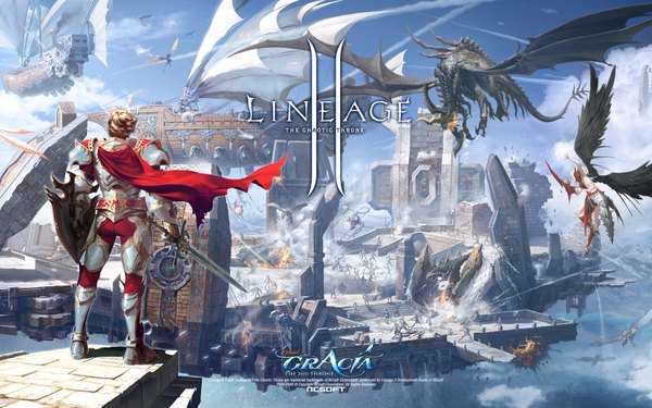 Anime picture 1920x1200 with lineage (game) highres short hair brown hair standing holding sky cloud (clouds) official art shadow flying black wings fantasy battle angel fallen angel girl boy weapon sword