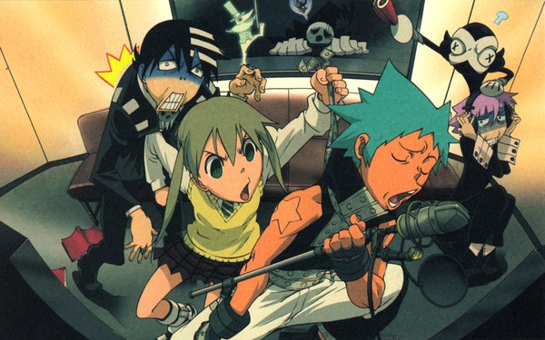 Anime picture 2070x1295 with soul eater studio bones maka albarn death the kid black star chrona (soul eater) highres wide image multicolored hair two-tone hair streaked hair shinigami excalibur