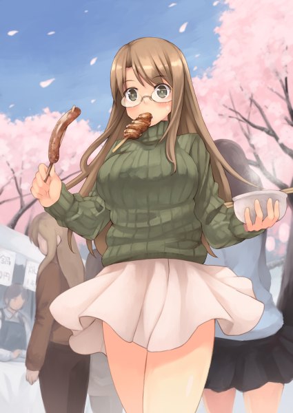 Anime picture 850x1200 with original oribe shiori kouno hikaru long hair tall image looking at viewer blush brown hair brown eyes cherry blossoms eating girl skirt plant (plants) petals tree (trees) glasses food sweater