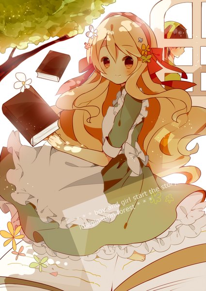 Anime picture 1500x2117 with kagerou project shaft (studio) mary (kagerou project) unano (artist) long hair tall image blush blonde hair brown hair sitting brown eyes profile barefoot hair flower light smile inscription girl dress boy hair ornament