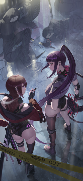 Anime picture 3024x6552 with original saba-kann (kannsaba) long hair tall image looking at viewer fringe highres light erotic hair between eyes red eyes brown hair purple eyes multiple girls holding payot absurdres purple hair full body outdoors ass