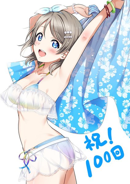 Anime picture 820x1164 with love live! sunshine!! sunrise (studio) love live! watanabe you rozen5 single tall image looking at viewer blush fringe short hair breasts open mouth blue eyes light erotic simple background smile hair between eyes standing white background
