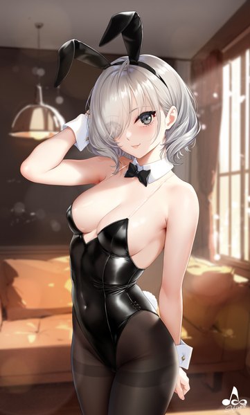 Anime picture 2410x4000 with original sashou mihiro infinote single tall image looking at viewer fringe highres short hair breasts light erotic smile standing signed animal ears silver hair indoors tail animal tail arm up