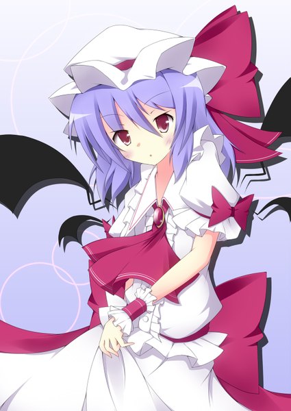 Anime picture 1075x1518 with touhou remilia scarlet ekusuy kinoto single tall image short hair red eyes purple hair girl dress bow wings frills bonnet