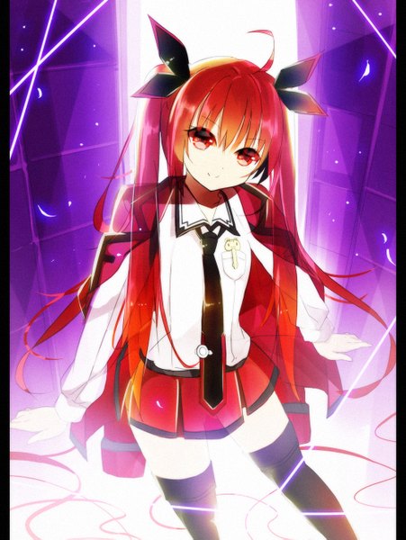 Anime picture 1000x1331 with senya fuurin single long hair tall image looking at viewer smile red eyes twintails red hair zettai ryouiki girl thighhighs skirt black thighhighs miniskirt necktie