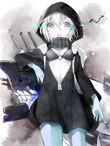 Anime picture 600x800 with kantai collection re-class battleship nunucco single tall image looking at viewer short hair open mouth light erotic purple eyes signed white hair glowing glowing eye (eyes) shinkaisei-kan girl dress detached sleeves scarf black dress