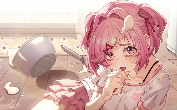 Anime-Bild 1920x1189 mit doki doki literature club natsuki (doki doki literature club) prodonyang single looking at viewer blush highres short hair wide image signed pink hair indoors pink eyes blurry shadow short sleeves two side up puffy sleeves official alternate costume reclining