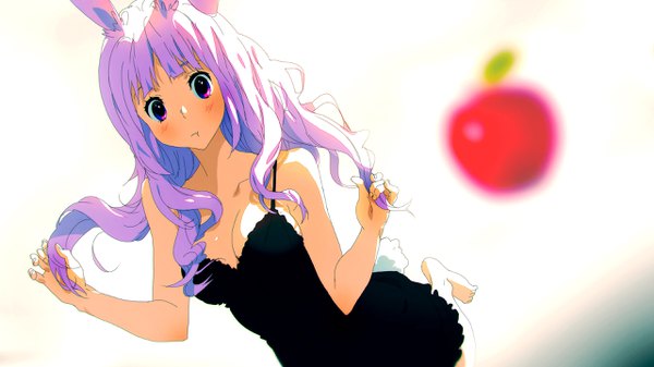 Anime picture 2560x1440 with original tom skender single long hair blush fringe highres breasts wide image standing animal ears cleavage tail blunt bangs animal tail barefoot fingernails bunny ears standing on one leg bunny tail